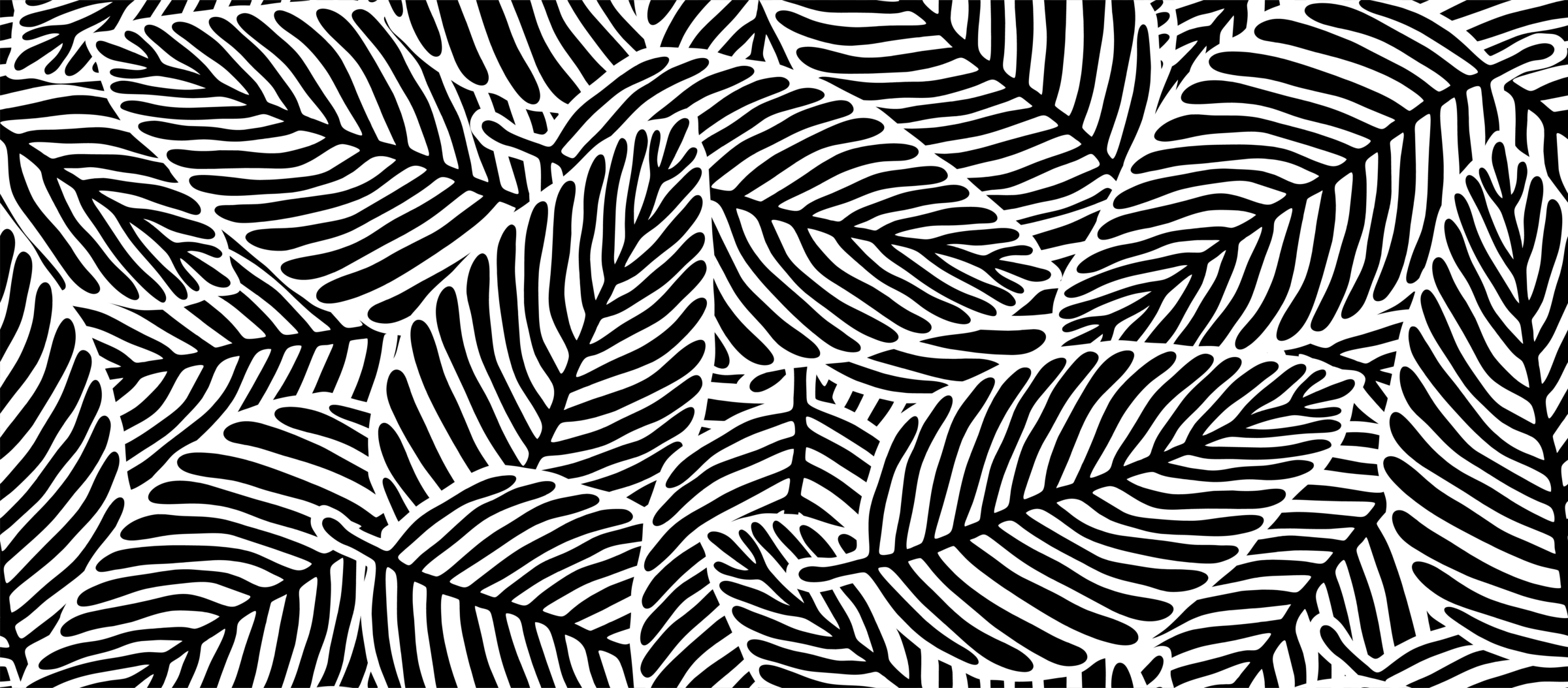 Patterned design featuring overlapping, bold black and white leaf silhouettes creating an abstract, natural motif.