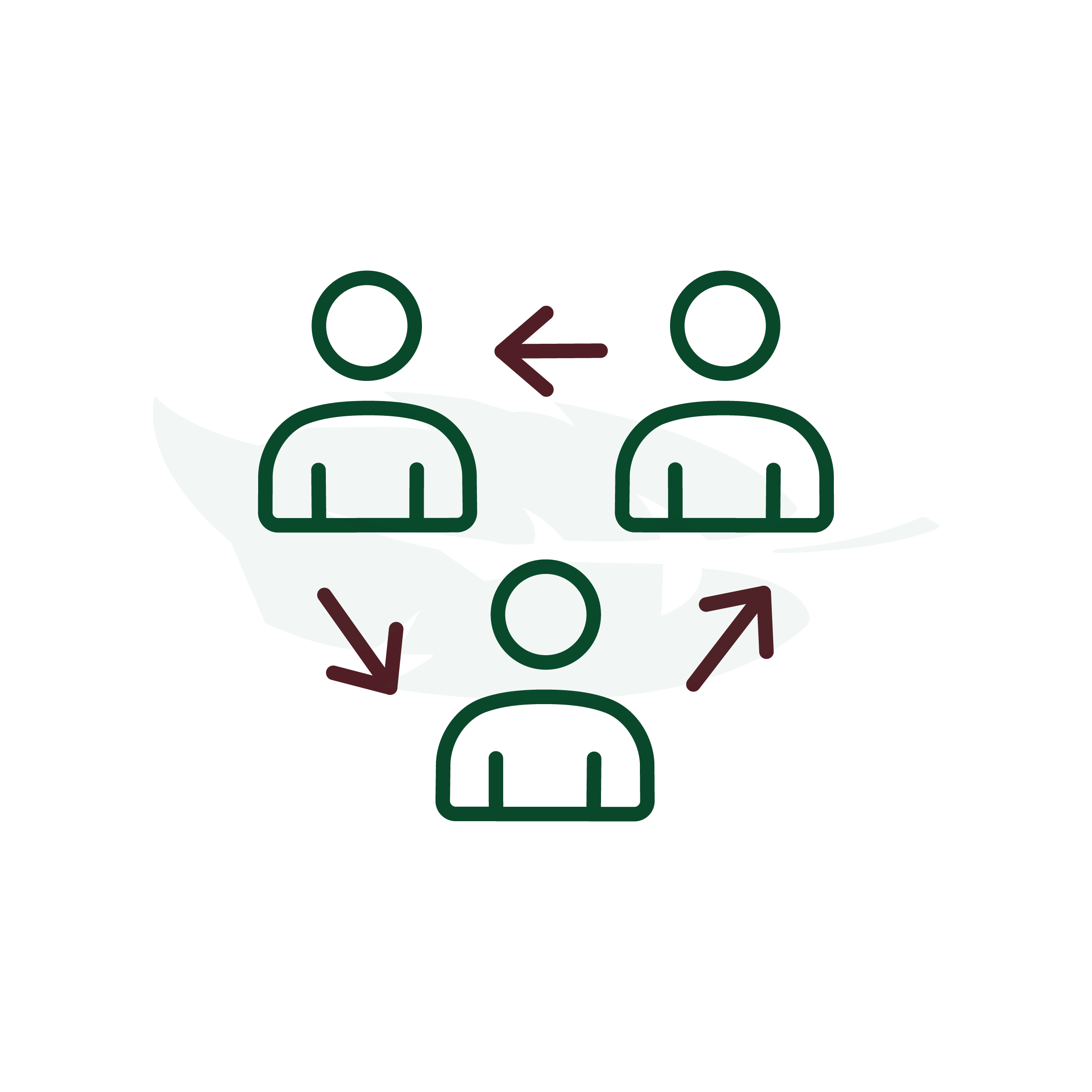 Three stylized person icons connected by arrows, over a green abstract leaf background, suggesting teamwork or communication in a natural setting.