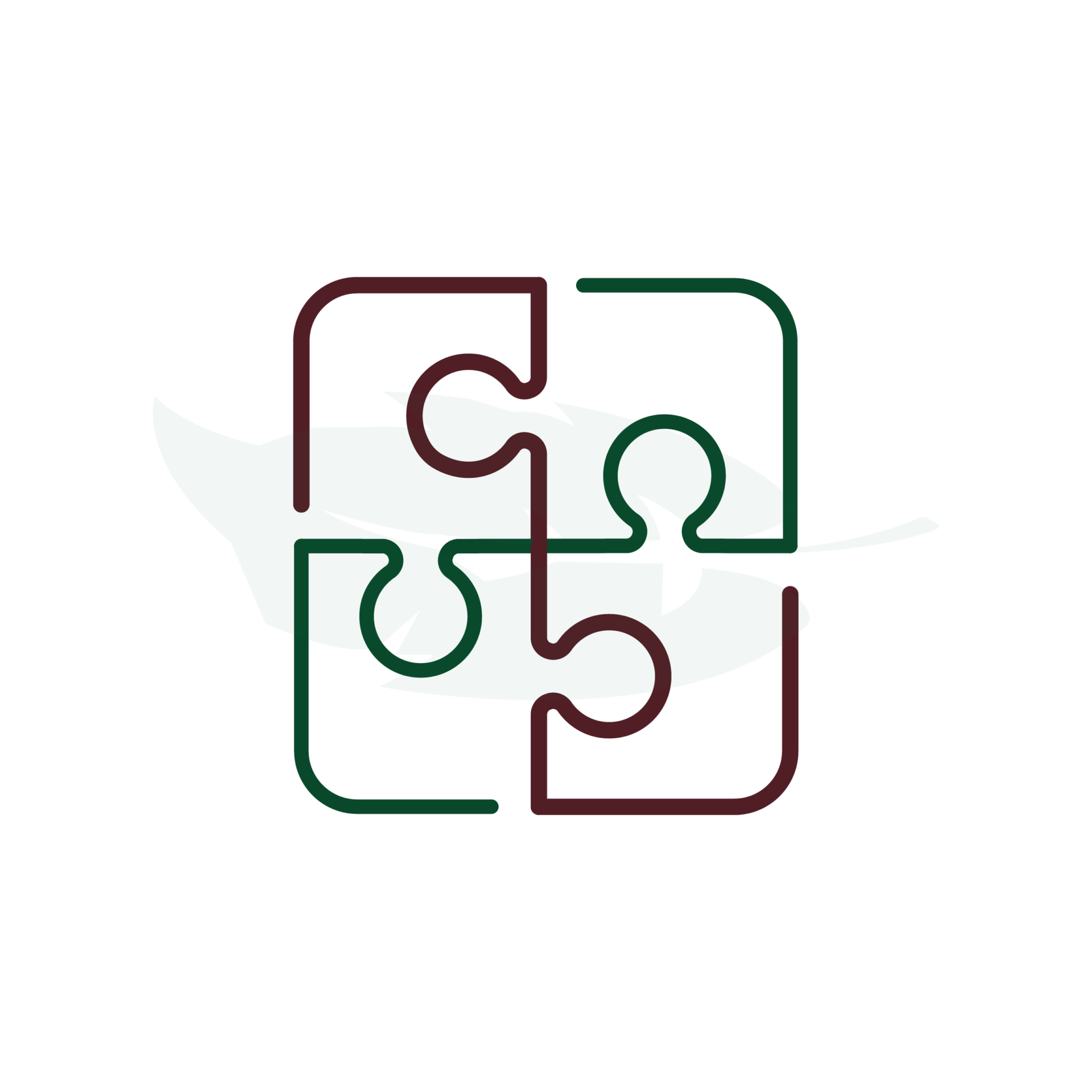A stylized logo combines a jigsaw puzzle and leaf, illustrating integration of nature and problem-solving themes in a minimalist design.