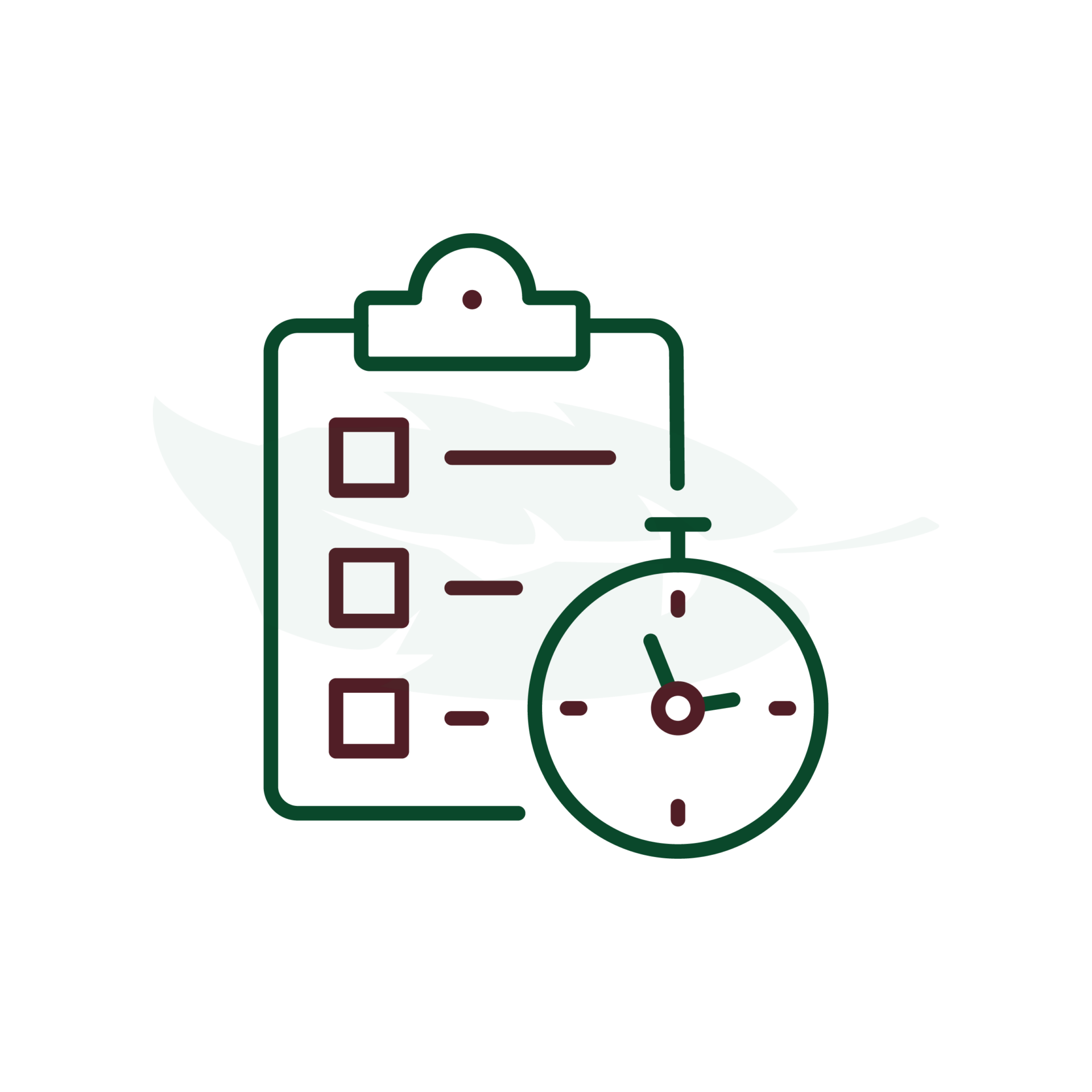 Illustration of a clipboard with checkboxes, a clock, and green leaves. Represents time management or eco-friendly planning. Simple and minimalistic design.