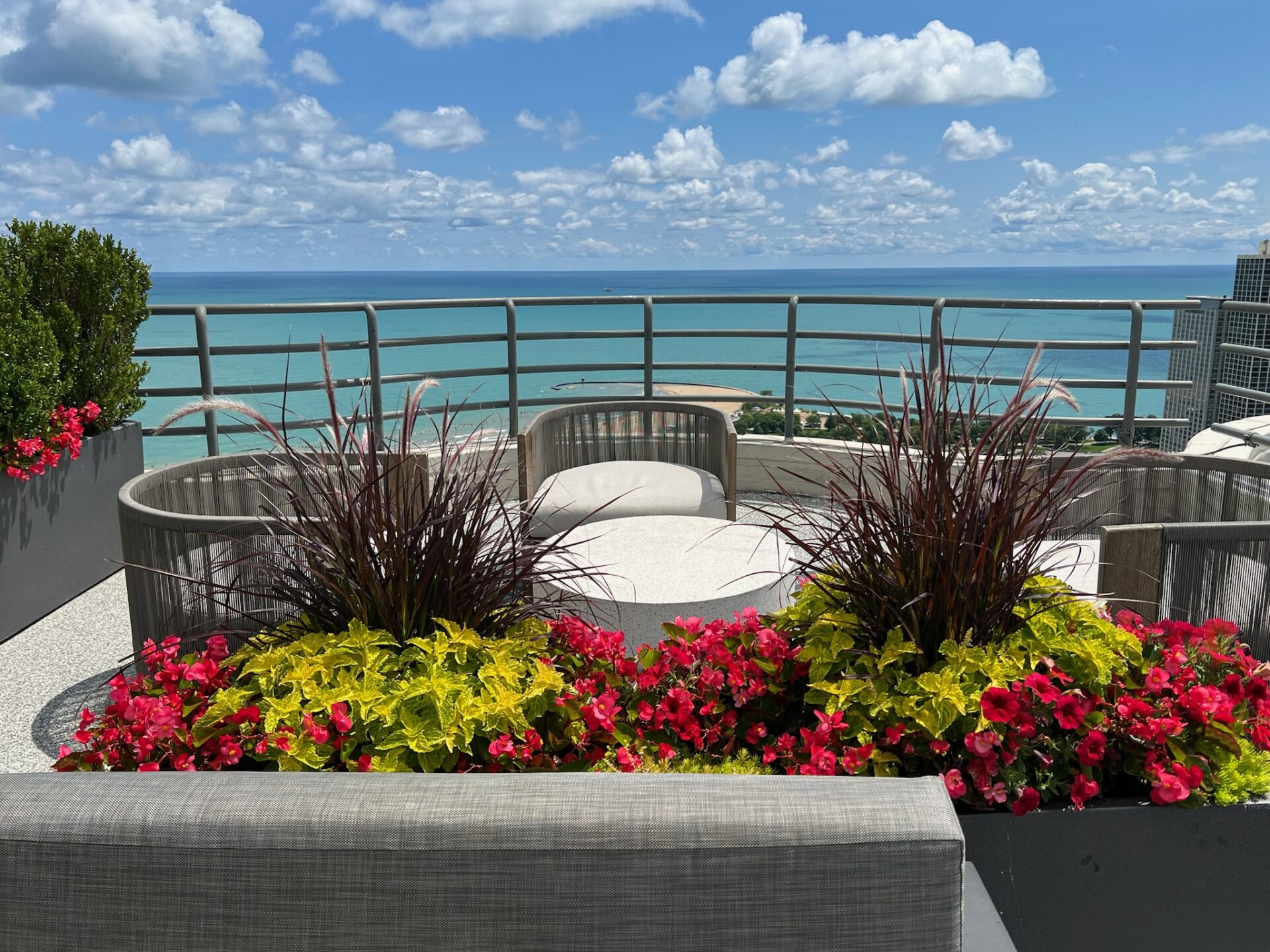 A rooftop garden with vibrant flowers, modern seating, and a view of a large body of water under a clear, blue sky.