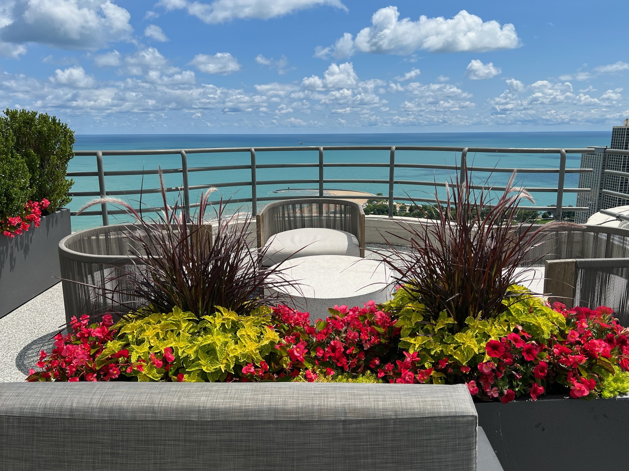 A rooftop garden with vibrant flowers, modern seating, and a view of a large body of water under a clear, blue sky.