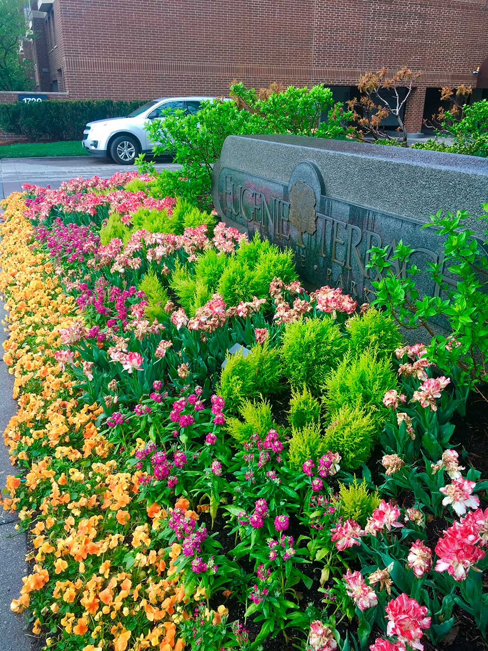 Colorful flower bed with various blooms surrounds the 