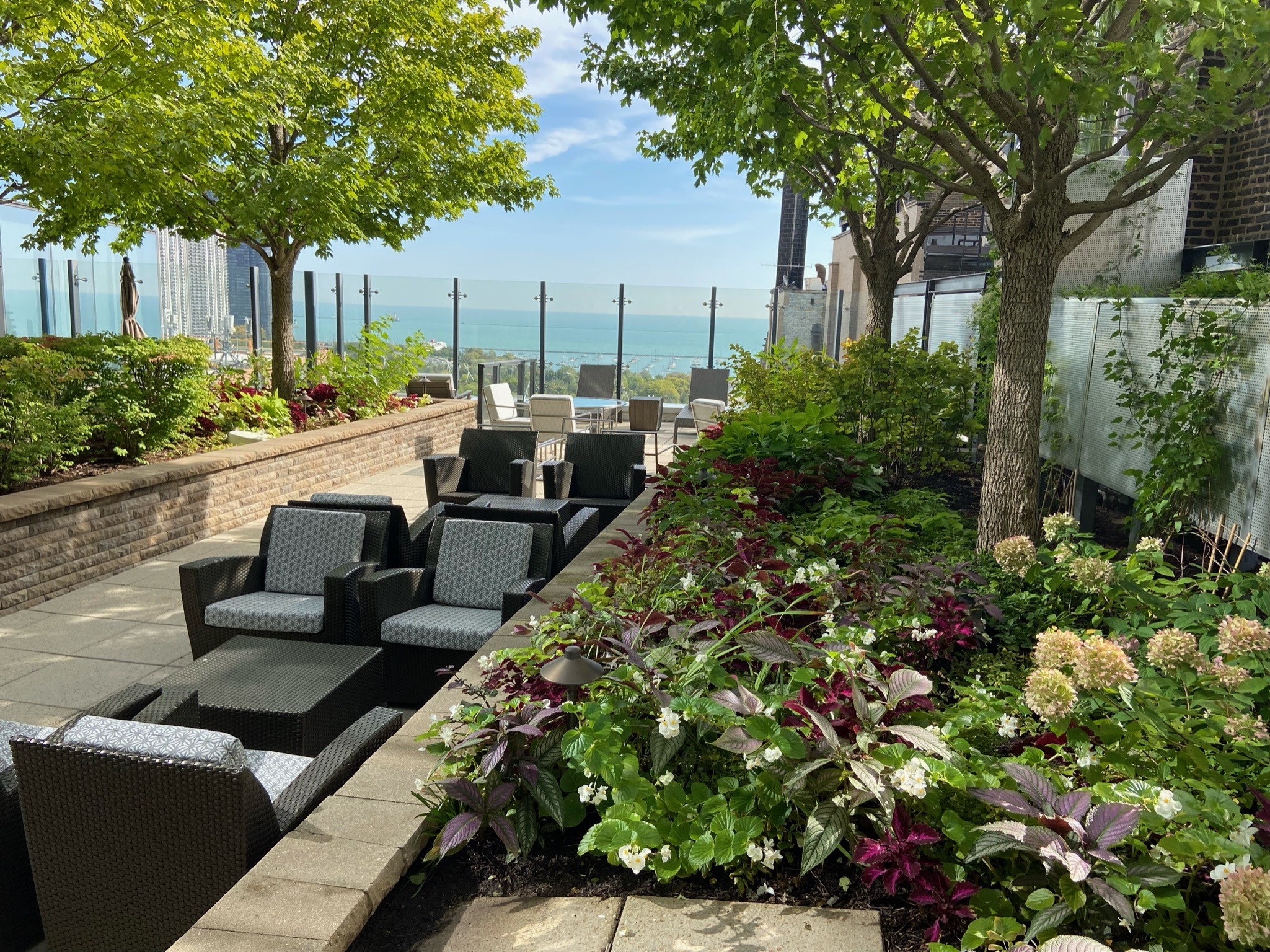 Rooftop garden with seating, overlooking a city skyline and lake. Trees and colorful flowers create a serene, lush atmosphere under clear skies.