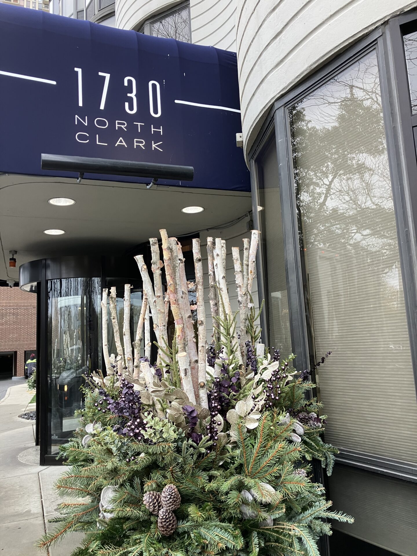A modern building's entrance at 1730 North Clark features a festive evergreen and birch branch arrangement beneath a blue awning.