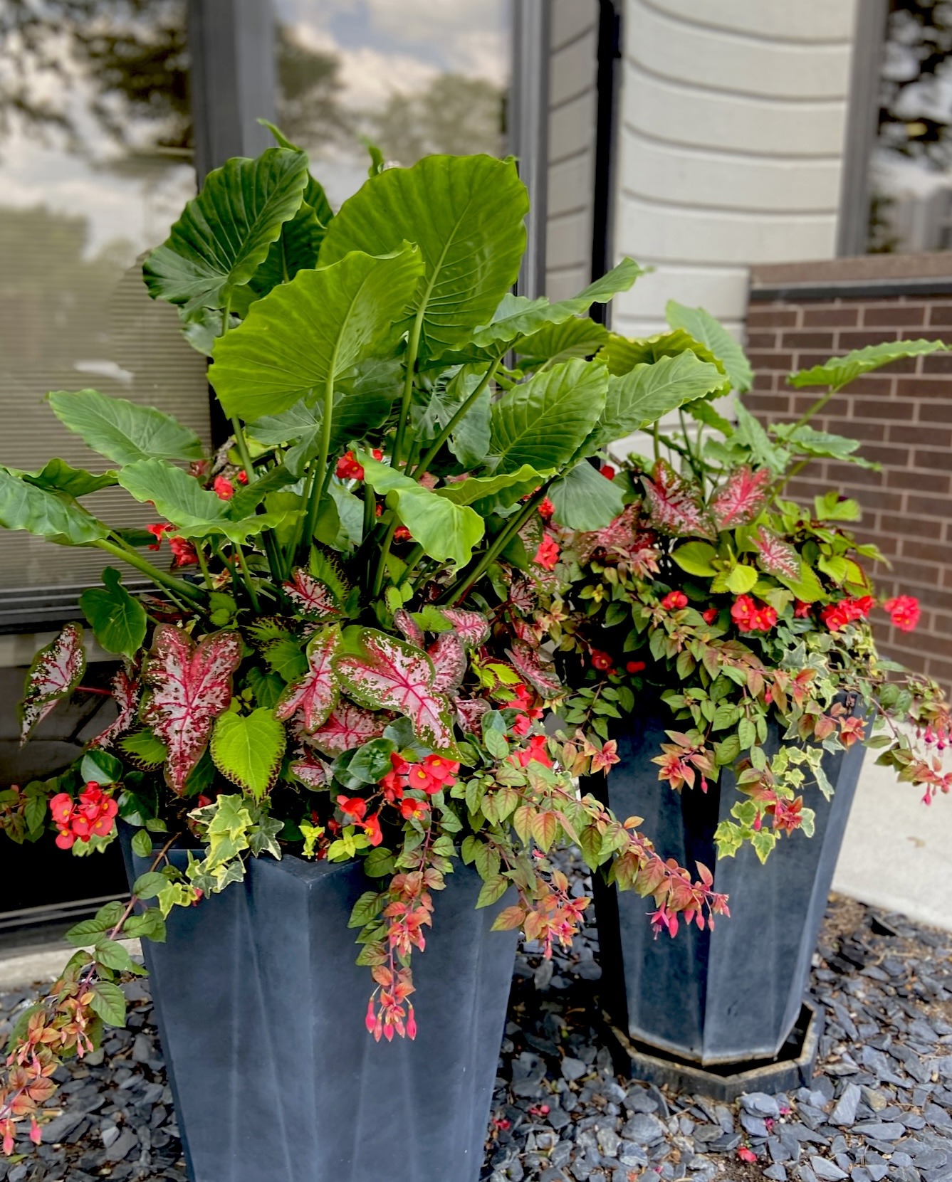 Two large planters with vibrant green and red plants sit on a bed of grey stones outside a brick building with glass windows.