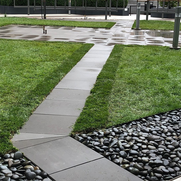 A clean pathway meets a grassy lawn with wet tiles and pebbles, leading towards a neatly arranged urban courtyard area.
