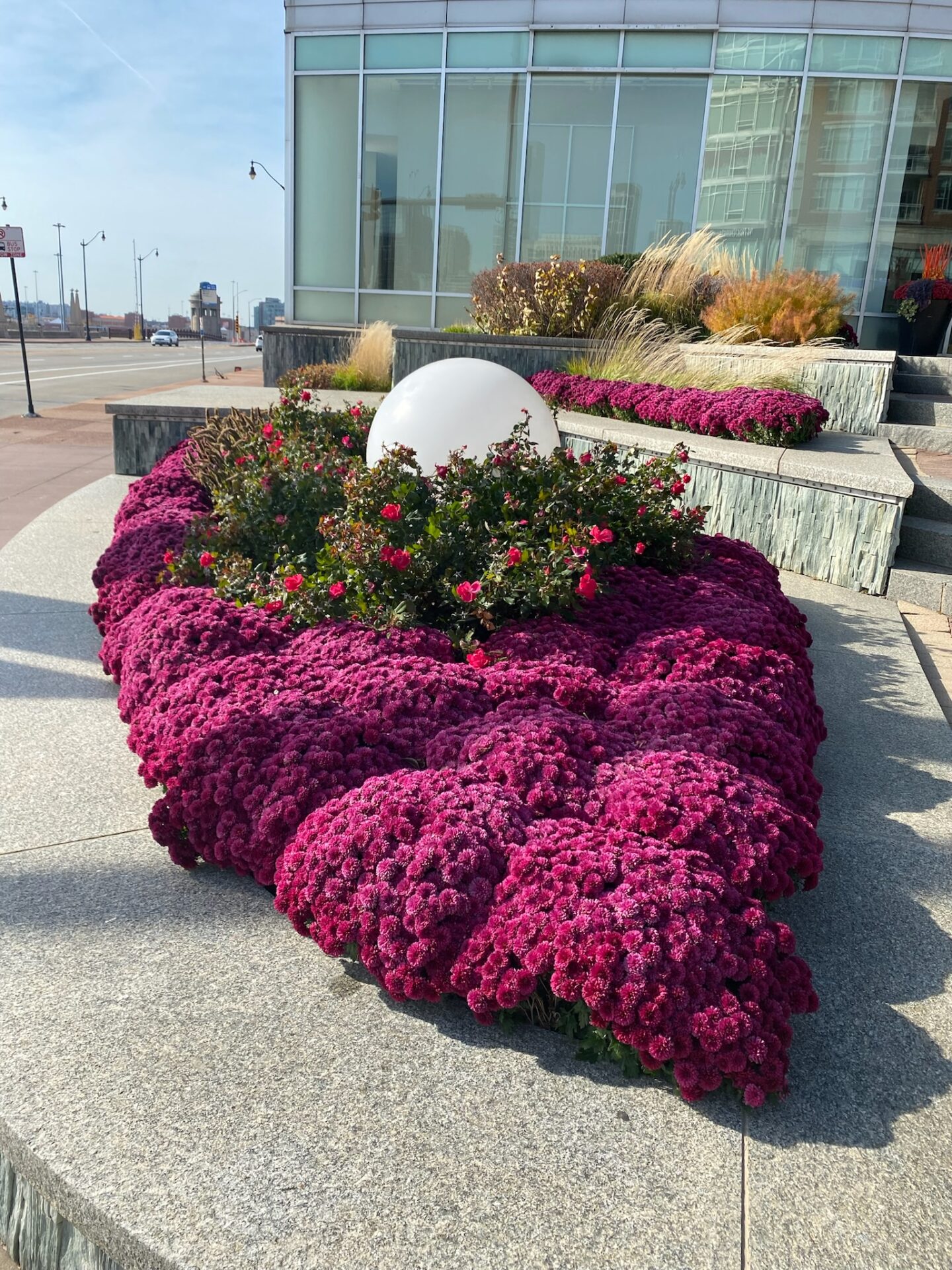 Vivid magenta flowers surround a white sphere outside a modern building. Urban setting with roads and distant cityscape in the background.