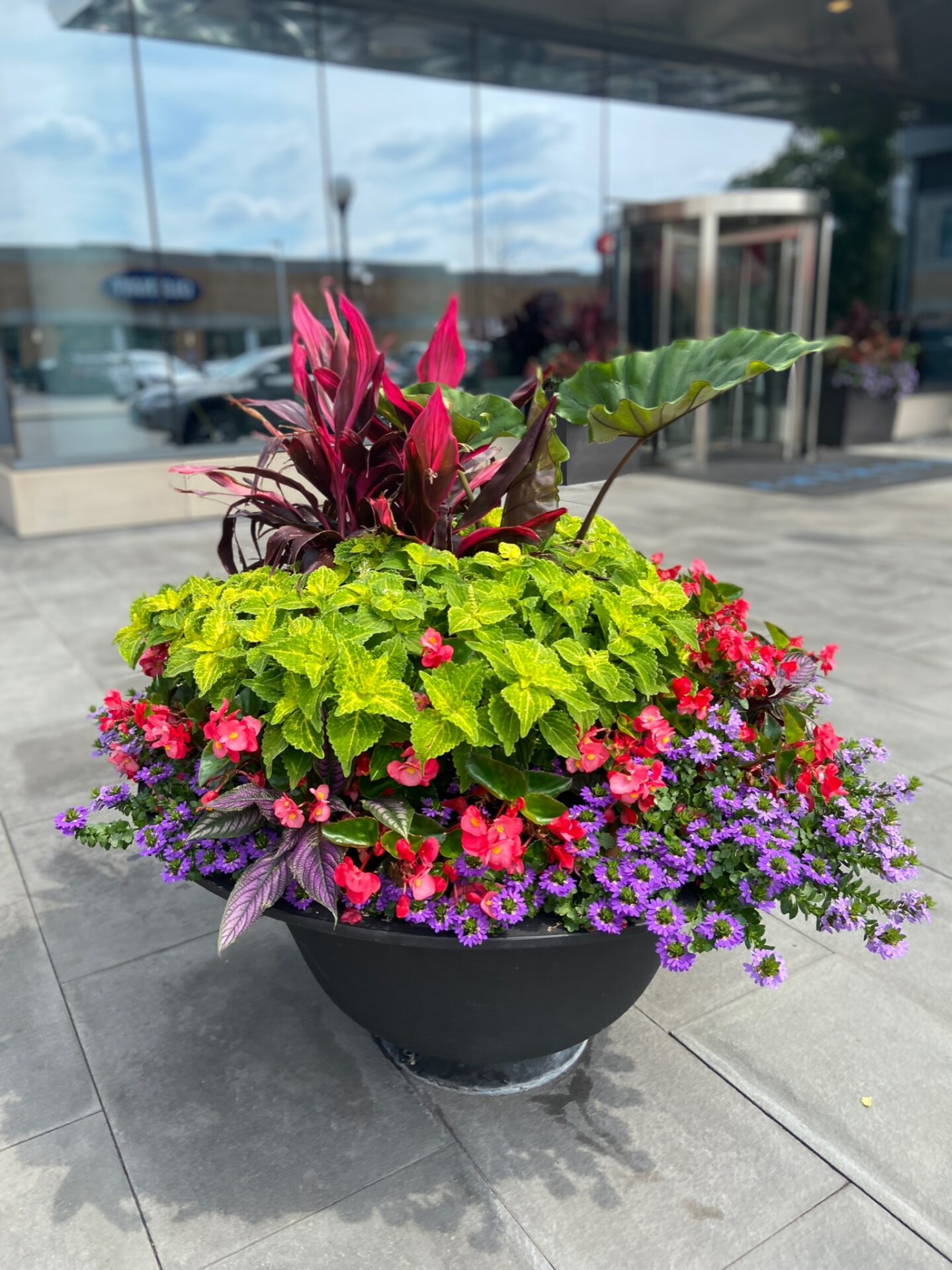 A vibrant flower arrangement in a large pot sits outside a modern glass building with reflective windows and revolving doors.